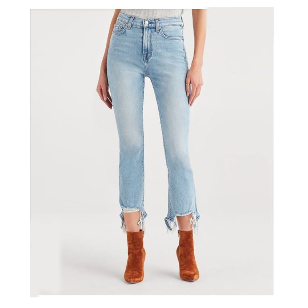 NWT 7 For All Mankind Distressed High-Waist Slim Kick Crop Jeans